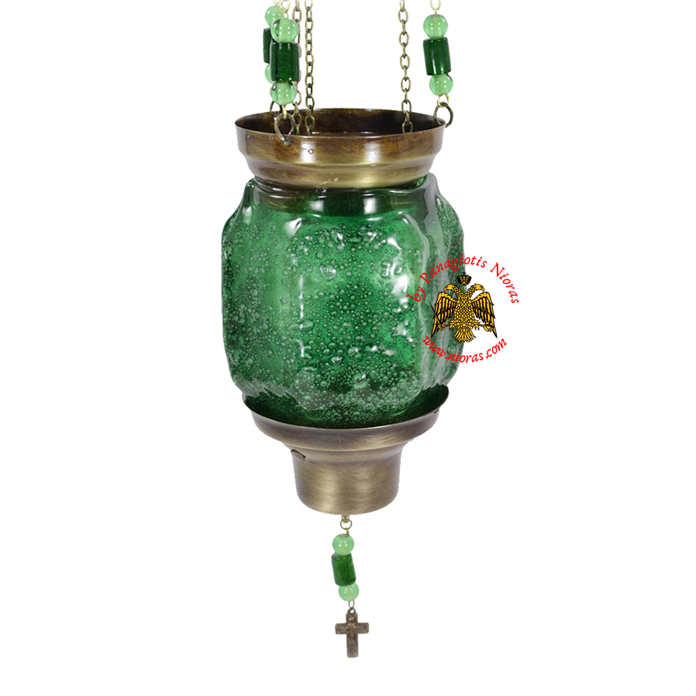 Vigil Oil Candle Hexagon Glass Fussing Green with Sliding Down Metal Brass Mechanism for the Glass Cup