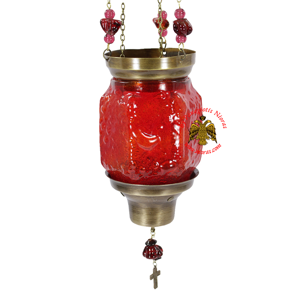 Vigil Oil Candle Hexagon Glass Fussing Red with Sliding Down Metal Brass Mechanism for the Glass Cup