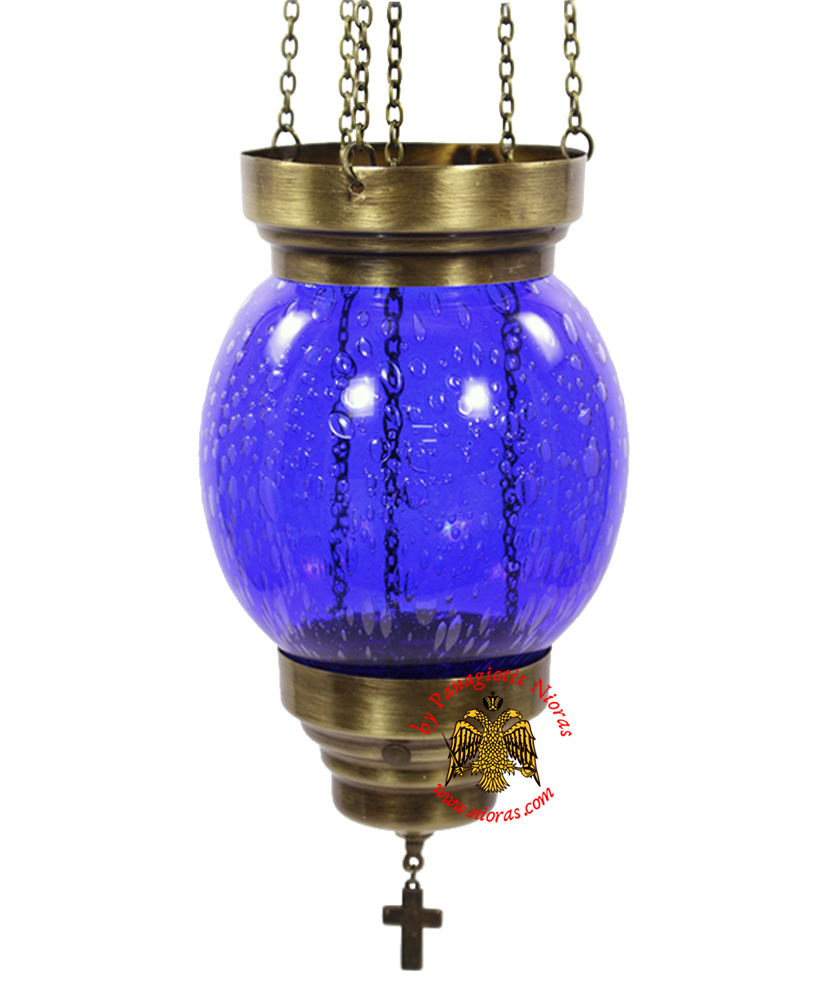 Vigil Oil Candle Glass Fussing Ball Design Blue with Sliding Down Metal Brass Mechanism for the Glass Cup