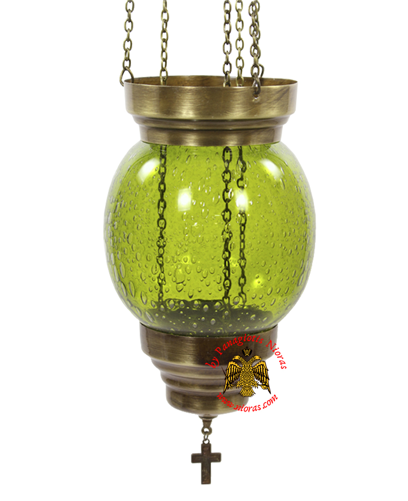Vigil Oil Candle Glass Fussing Ball Design Green with Sliding Down Metal Brass Mechanism for the Glass Cup