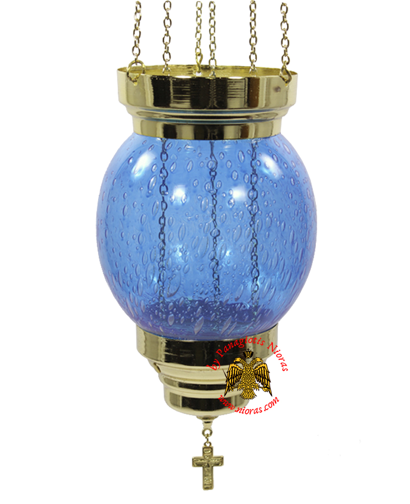 Vigil Oil Candle  Glass Fussing Ball Design Light Blue with Sliding Down Metal Brass Mechanism for the Glass Cup