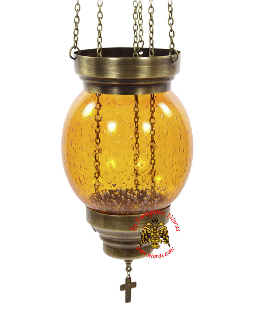 Vigil Oil Candle Glass Fussing Ball Design Amber with Sliding Down Metal Brass Mechanism for the Glass Cup