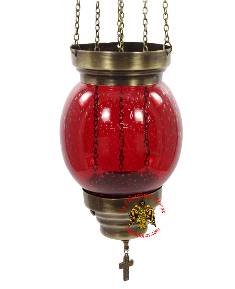 Vigil Oil Candle Glass Fussing Ball Design Red with Sliding Down Metal Brass Mechanism for the Glass Cup