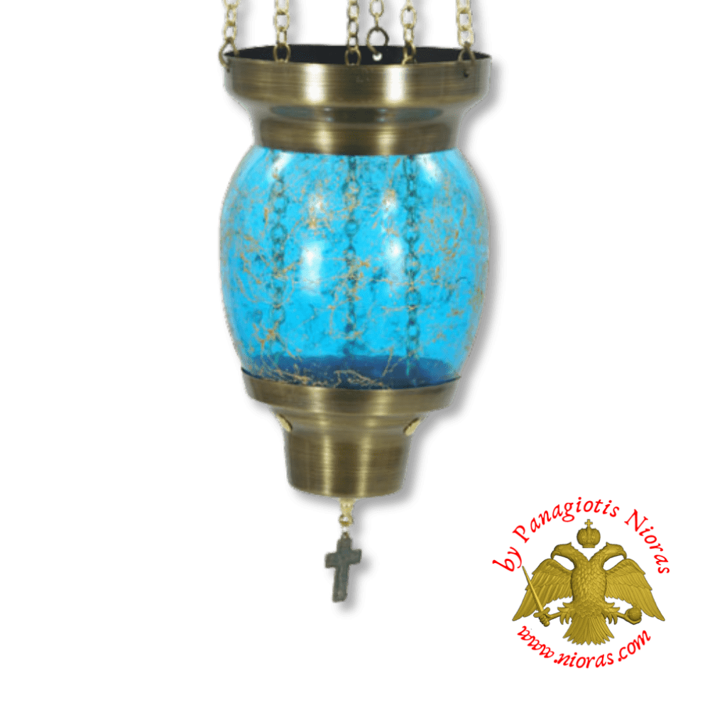 Vigil Oil Candle Hexagon Glass Fussing Light Blue with Sliding Down Metal Brass Mechanism for the Glass Cup