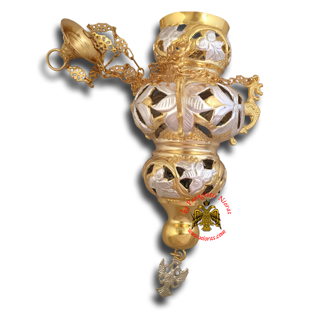 Orthodox Vigil Oil Candle Kerkyraiko N3 With Hand Cut Details Gold & Silver Plated Made in Greece