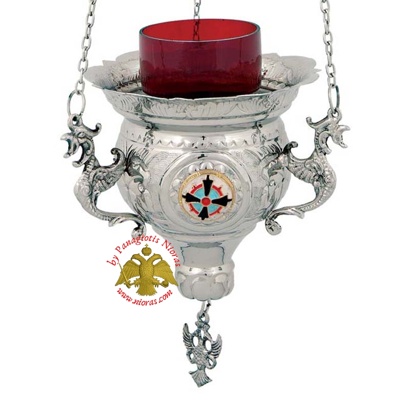 Hanging Oil Candle Byzantine N3 Nickel with Enamel Cross
