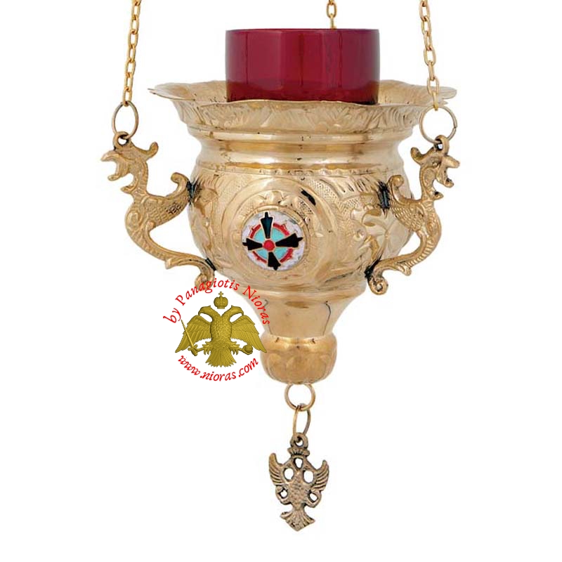 Hanging Oil Candle Byzantine N3 Brass with Enamel Cross