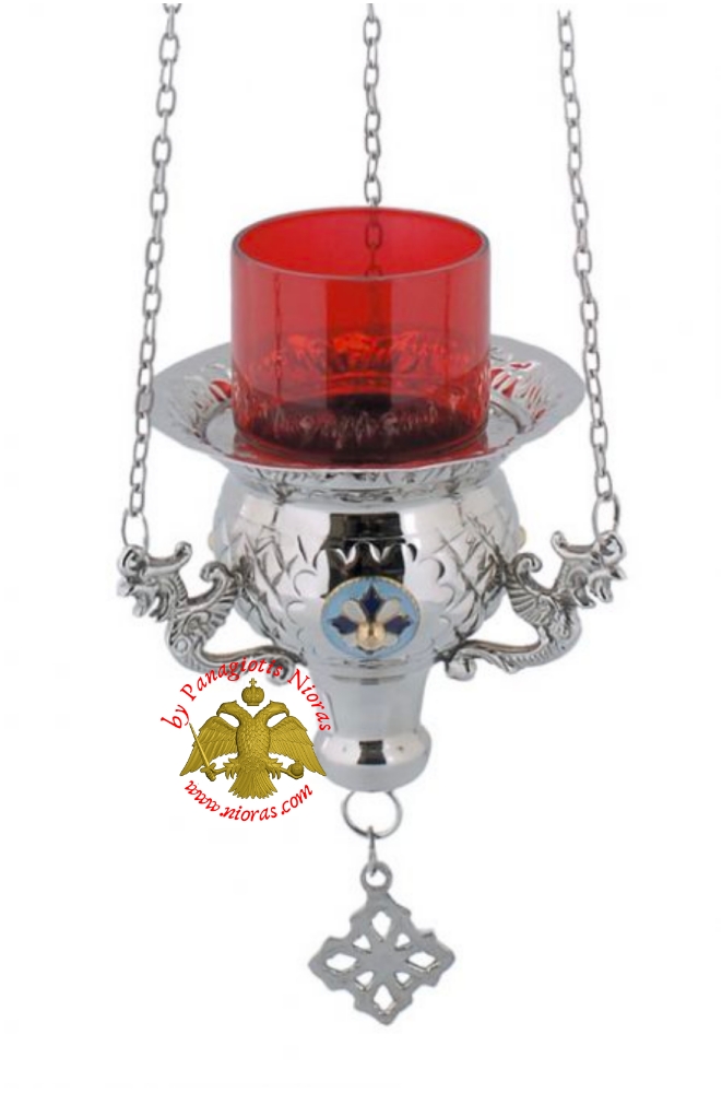 Hanging Oil Candle Byzantine N2 Nickel with Enamel Cross