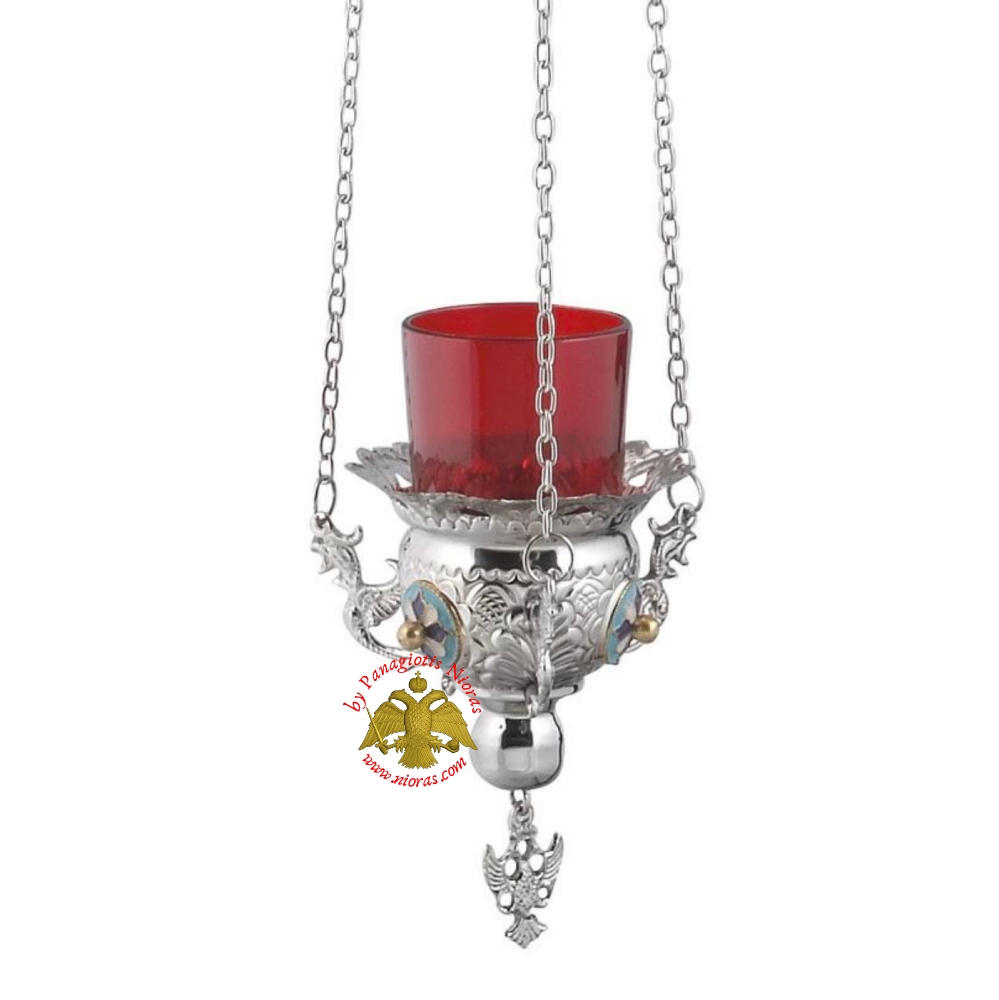 Hanging Oil Candle Byzantine N1 Nickel Plated with Enamel Cross