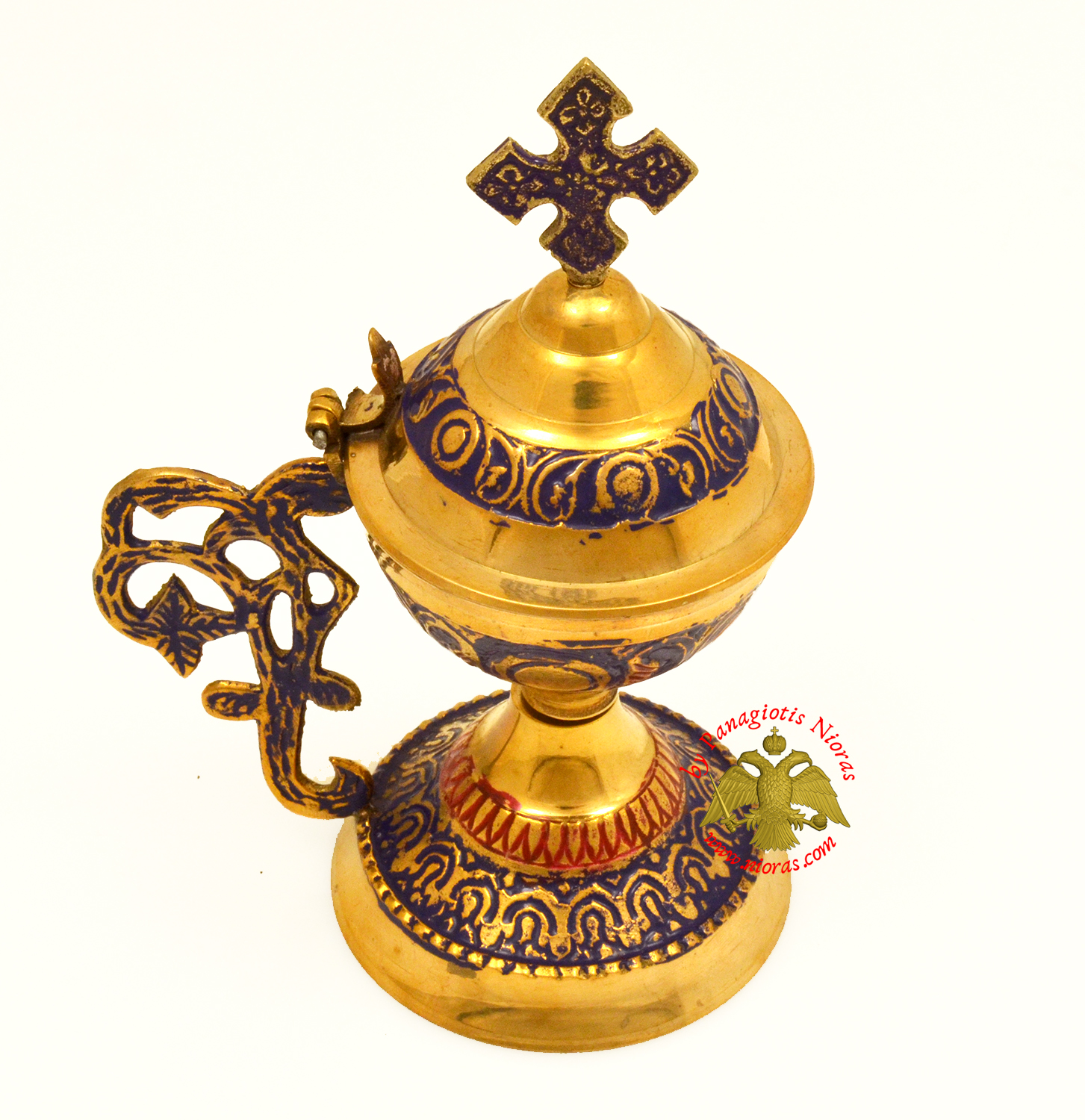 Orthodox Metal Brass Incense Burner 13.5cm With Cross Blue Colour
