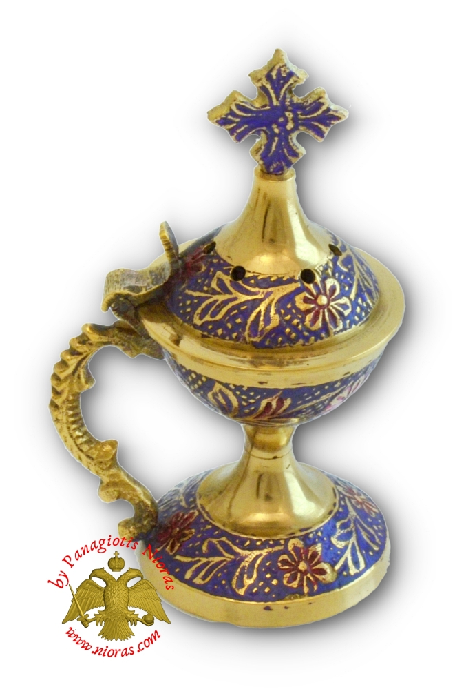 Orthodox Metal Incense Burner With Cross in the Lid 9cm Brass Blue