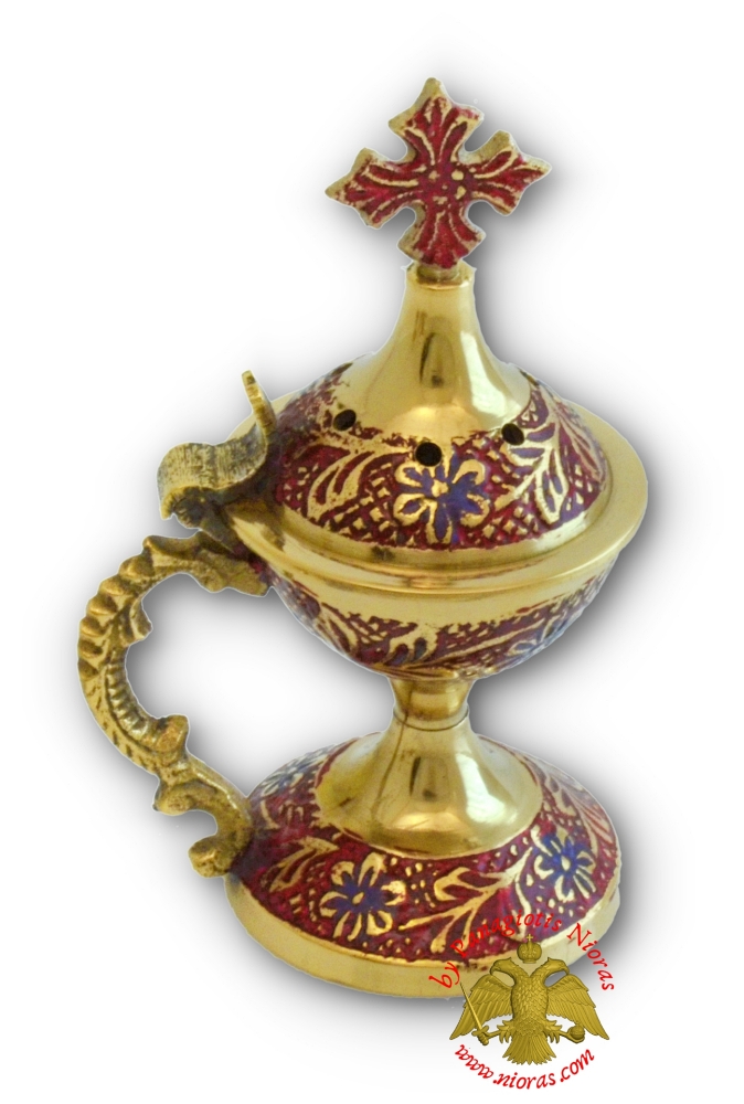 Orthodox Metal Incense Burner With Cross in the Lid 9cm Brass Red