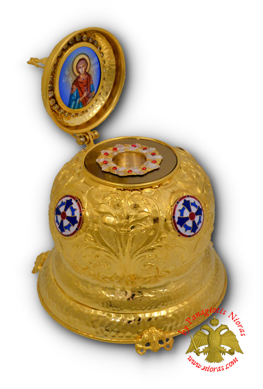 Reliquary Crown Box Gold Plated with Enamel Icon Saint Panteleimon h:20 d:17cm