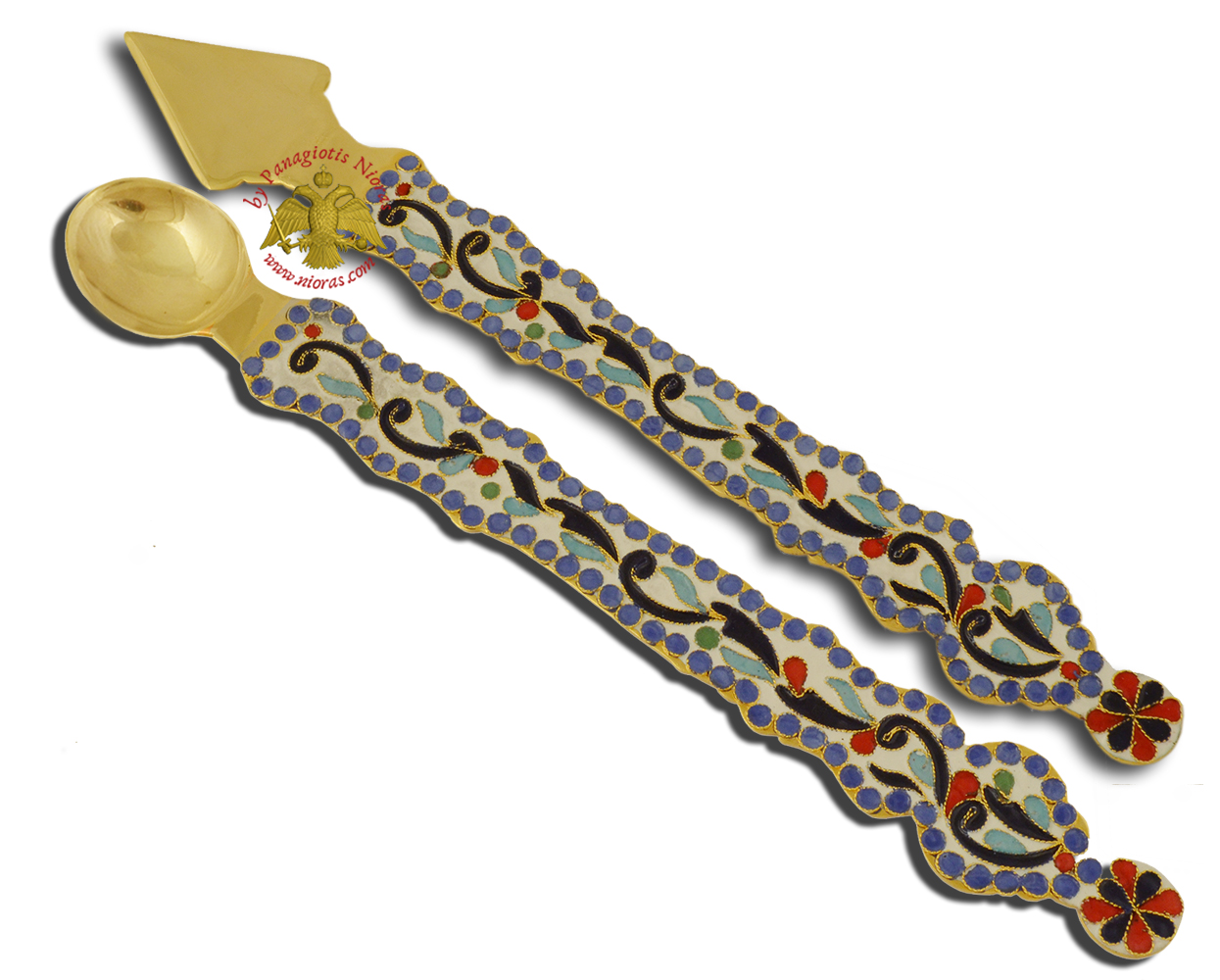 Extra Chalice Set Proskomidia Holy Spoon & Lance Gold Plated with Silver 925 Enamel Gold Plated