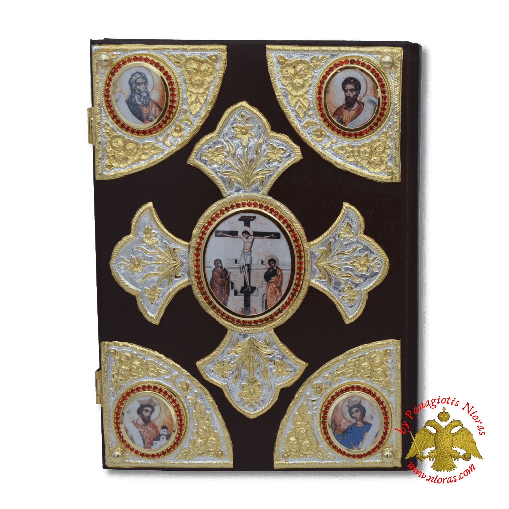 Orthodox Holy Gospel Leather Cover with Gold Plated and Silver Plated Details