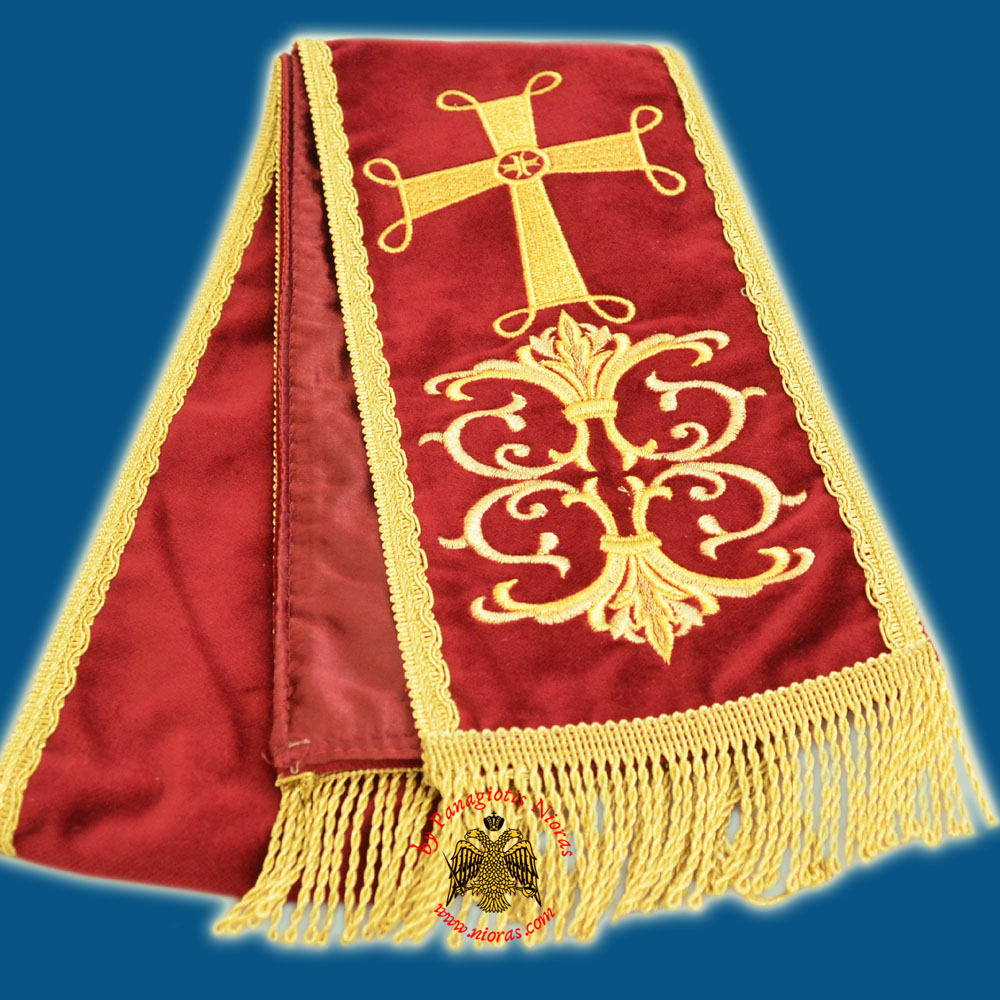 Gospel Ribbon Orthodox Gold-embroidered Byzantine Cross in Burgundy Velvet