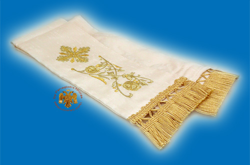 Gospel Ribbon Orthodox Gold-embroidered Design Cross with Roses in White Velvet