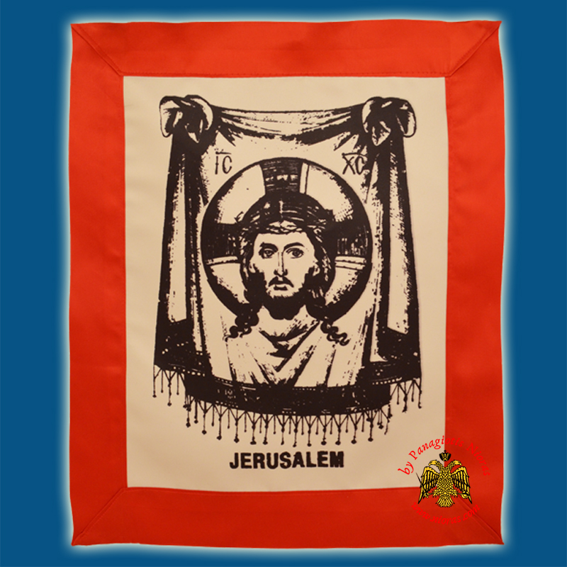 The Holy Mandylion Silk Print BlackWhite with Red Linnen Cloth in the Back