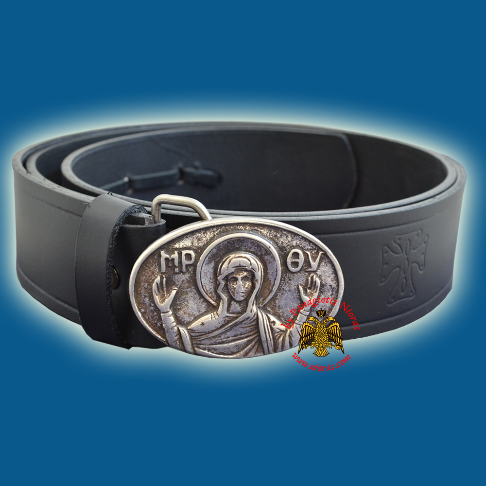 Monastic Orthodox Leather Belt with Metal Buckle of Theotokos Nickel Antique