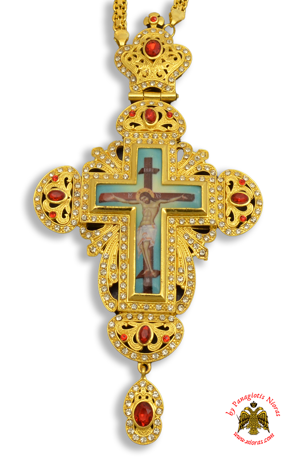 Orthodox Pectoral Christ Cross Gold Plated with Colored Stones 6x16cm