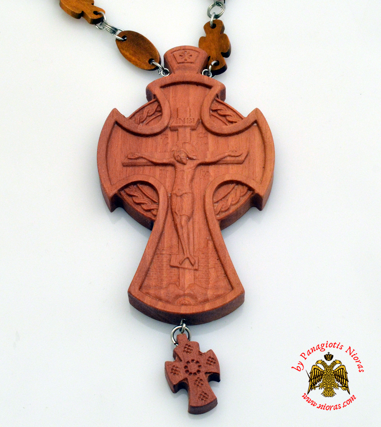 Orthodox Christ Pectoral Wooden Cross offered with Wooden Cross Designed Neck Chain 6x13cm