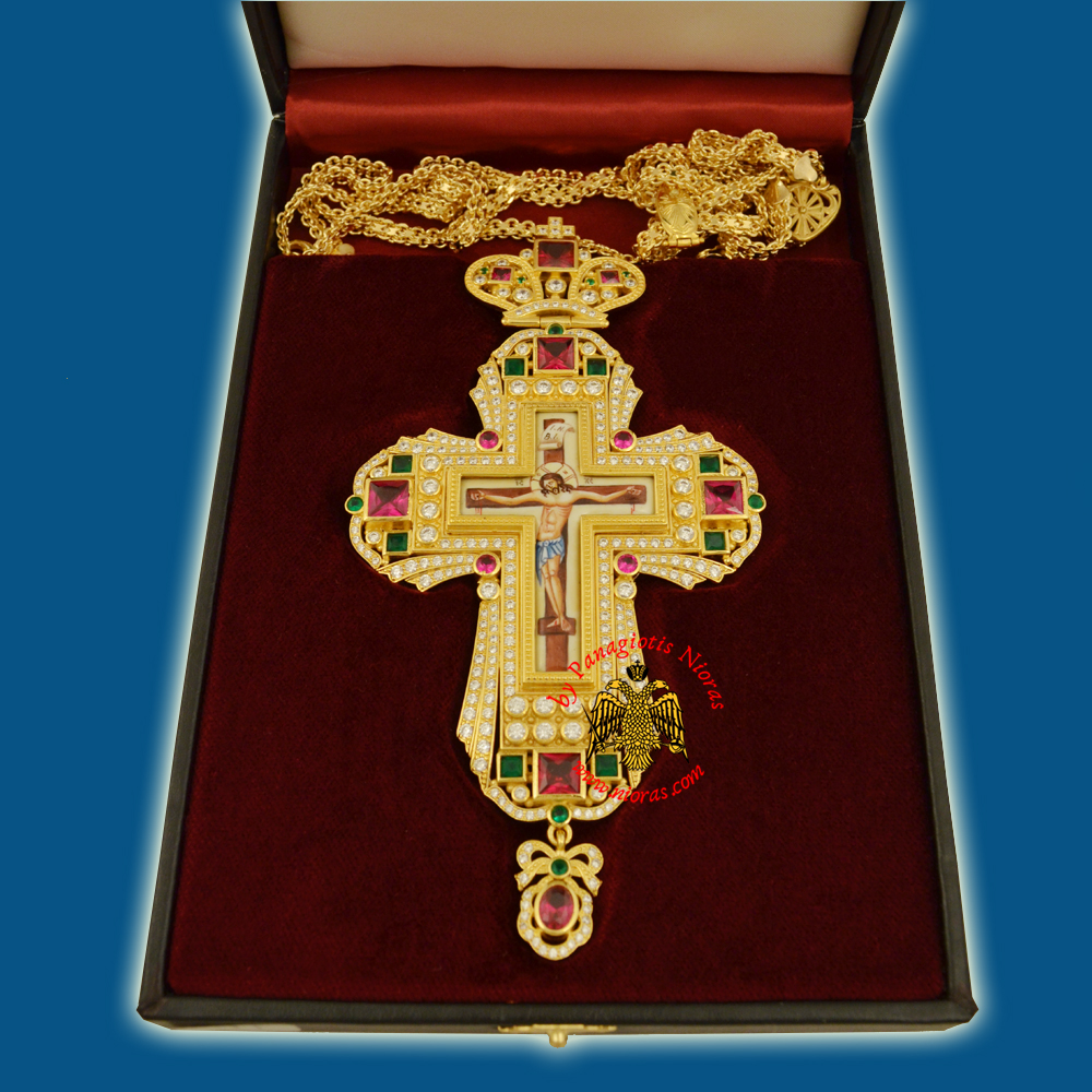 Pectroral Cross with Enamel Christ 311 Gold Plated with Stones