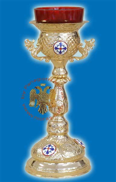 Holy Table Altar Vigil Oil Candle Byzantine Style With Enamel Crosses H:32cm Gold Plated
