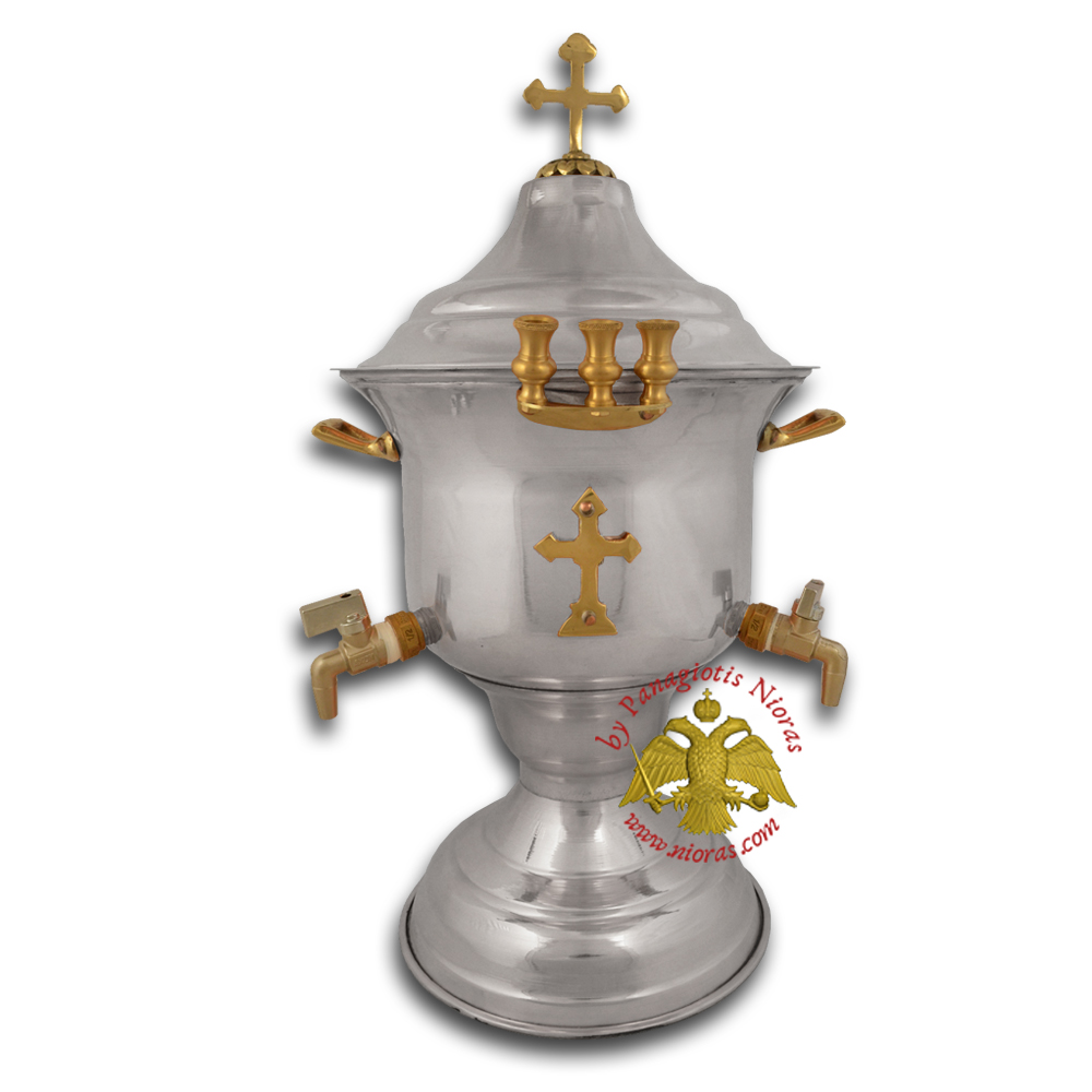 Orthodox Church Holy Water Font with Lid Metal Cross Decor Nickel