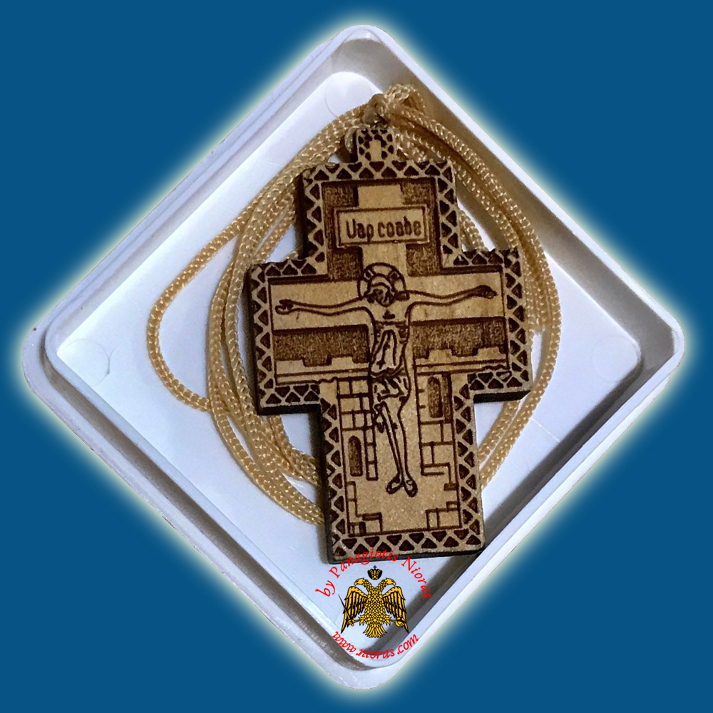 Orthodox Engraved Wooden Neckwear Cross A with Cord in Plastic Box