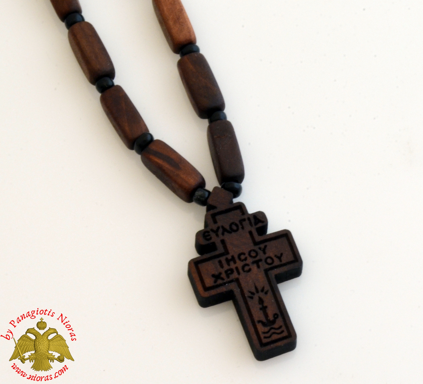 Orthodox Wooden NeckWear Cross With Wooden Beads Neck Cord Evlogia