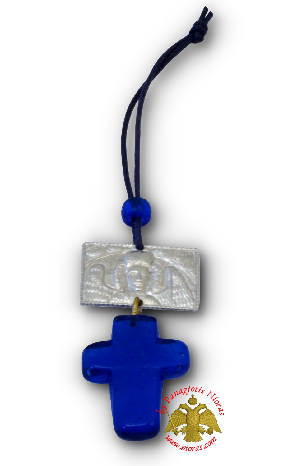 Blue Glass Cross With Archangel of Mantamados Metal Icon
