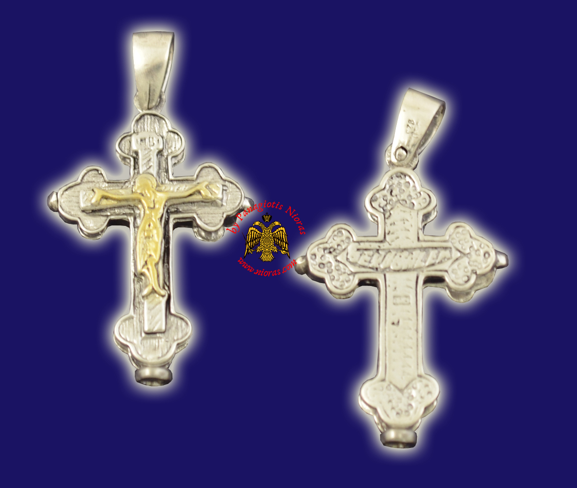 Traditional Byzantine Sterling Silver Cross with Gold Plated Details - 711