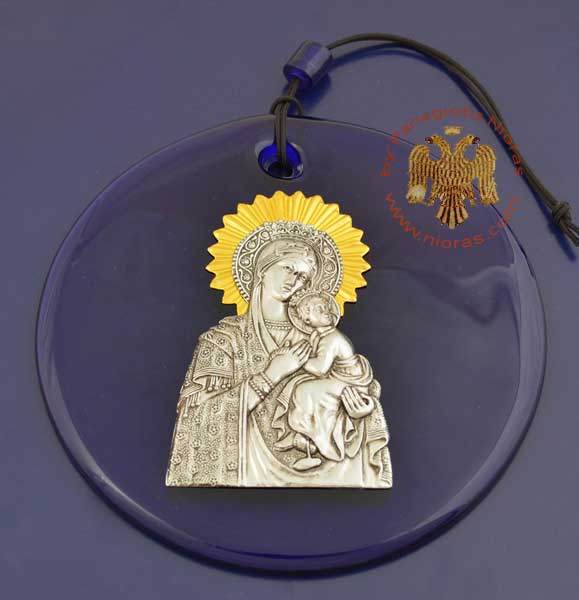 Blue Round Glass with Metal Theotokos Icon F