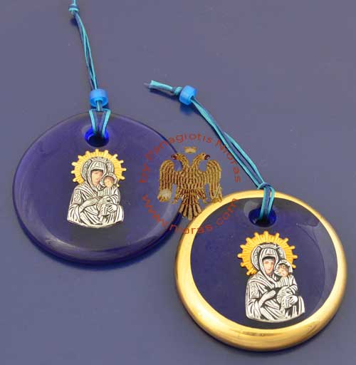 Blue Round Glass with Metal Theotokos Icon C
