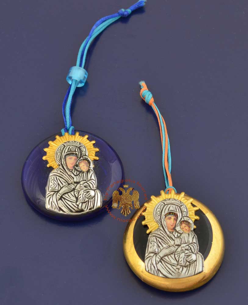 Blue Round Glass with Metal Theotokos Icon B