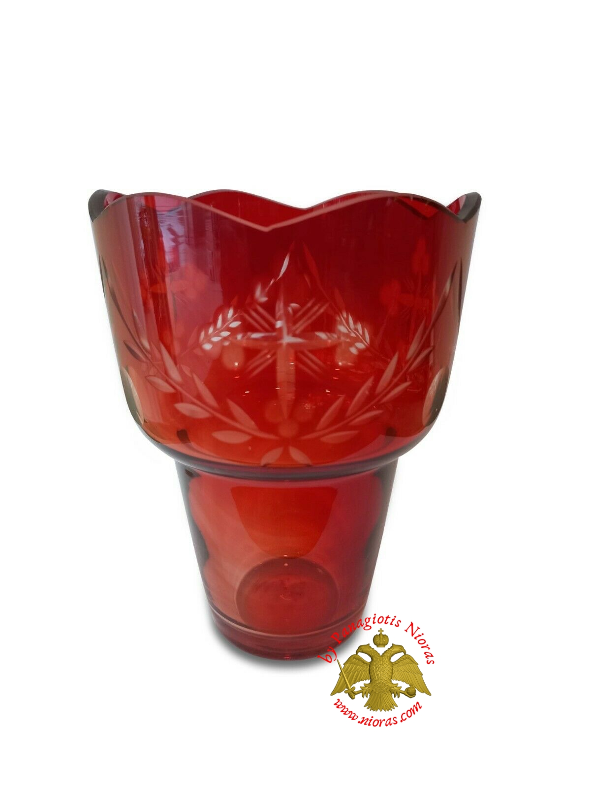 Romanian Orthodox Cross Carved Glass Cups Red - Clear 10x13cm