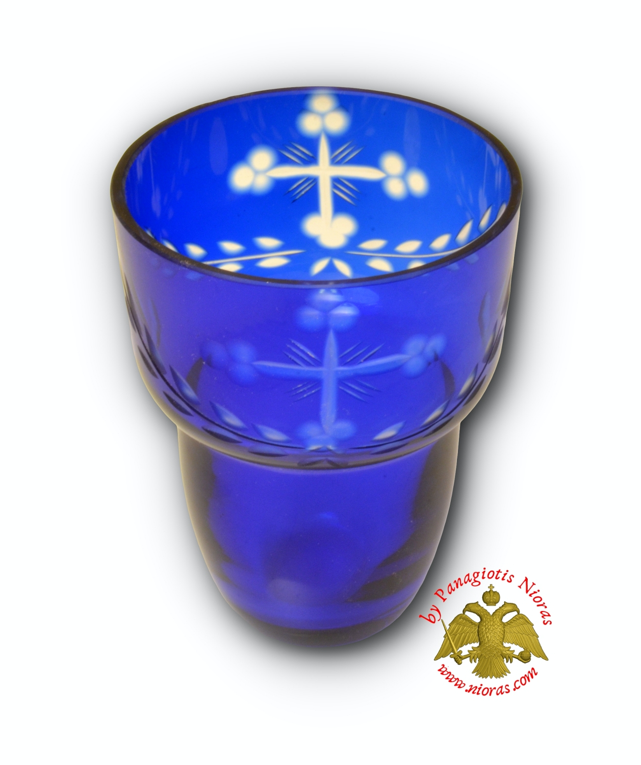 Romanian Orthodox Hand Carved Glass Cups Blue Clear B 8.5X11.5cm