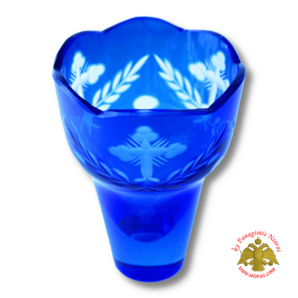 Romanian Orthodox Cross Carved Glass Cups Blue