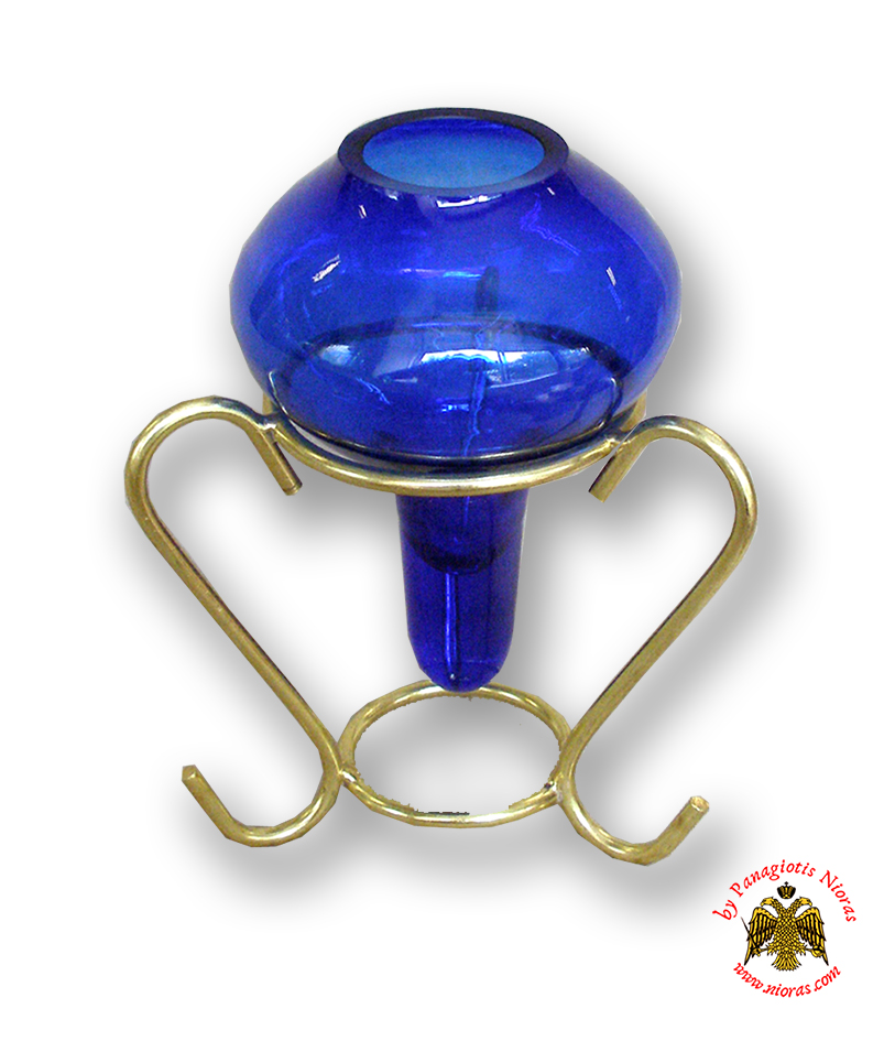 Louserna Orthodox Glass Votive Cup and Standing Poll in Blue Colour with Metal Standing Base