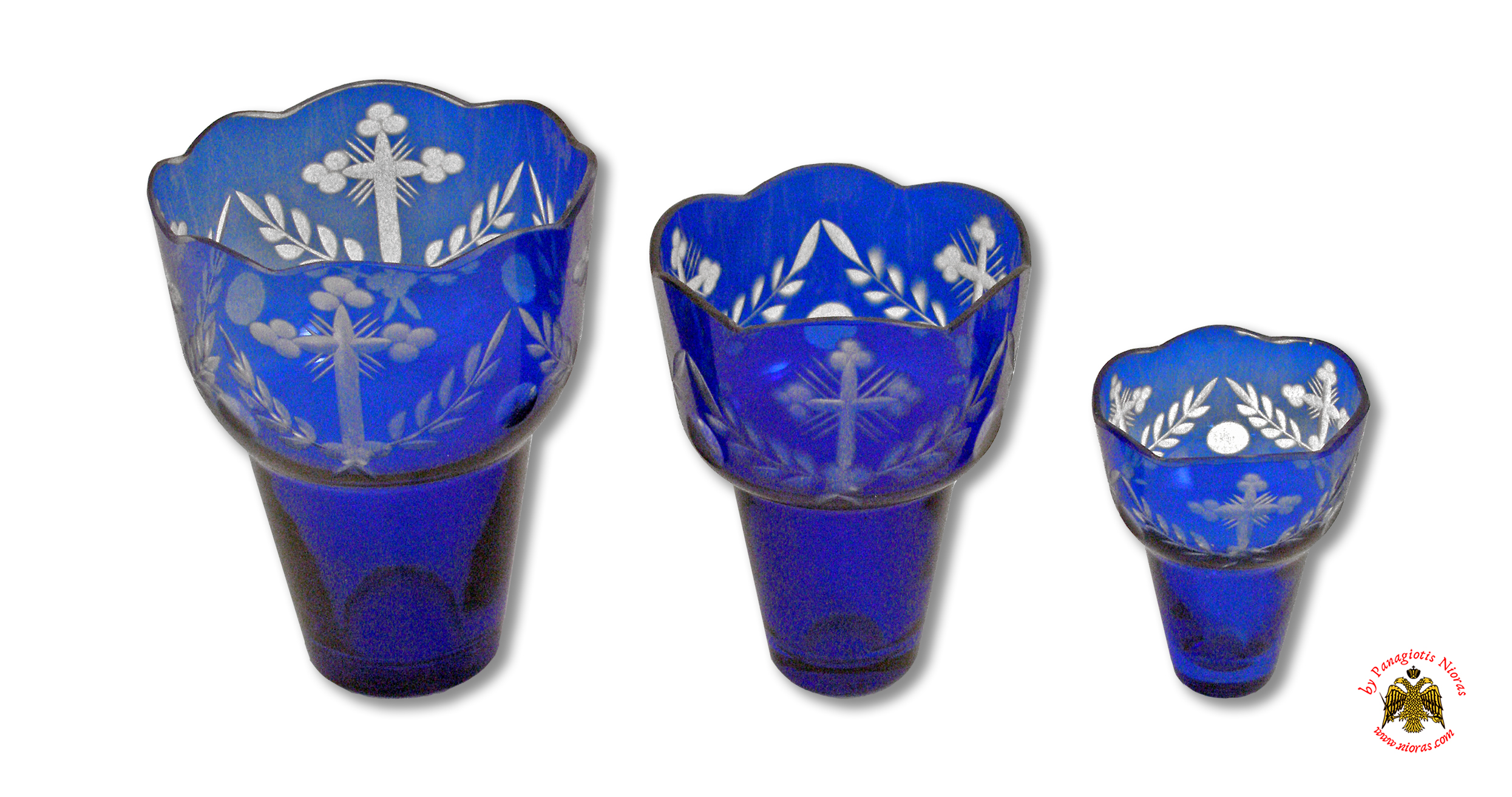 Romanian Orthodox Cross Carved Glass Cups Blue