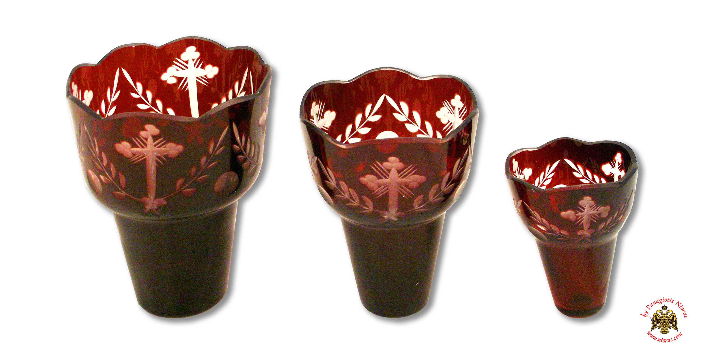 Romanian Orthodox Cross Carved Glass Cups Red