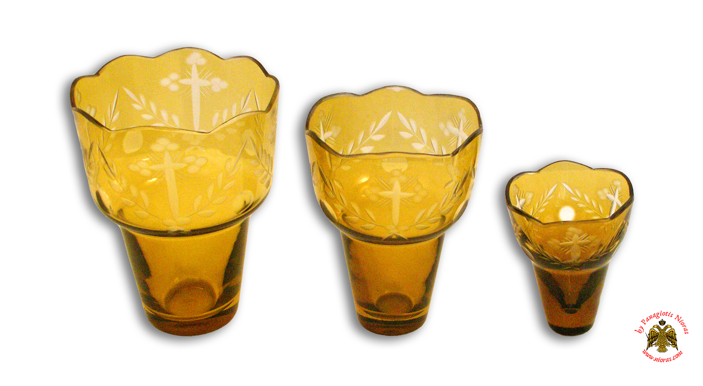 Romanian Orthodox Cross Carved Glass Cups Amber