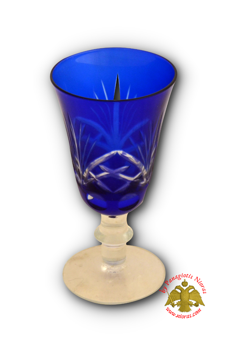 Wedding Orthodox Engraved Glass Cup with Base Blue SET of 2 h:14cm