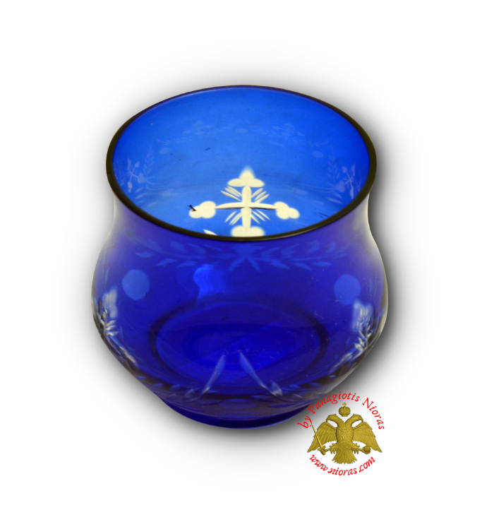 Romanian Orthodox Tea Light Glass Cross Cut Blue B'