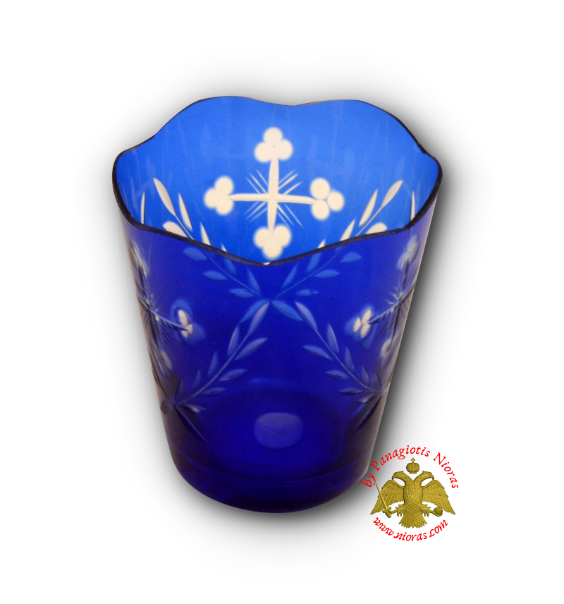 Romanian Orthodox Replacement Glass Cross Cut Design Blue SET of 2