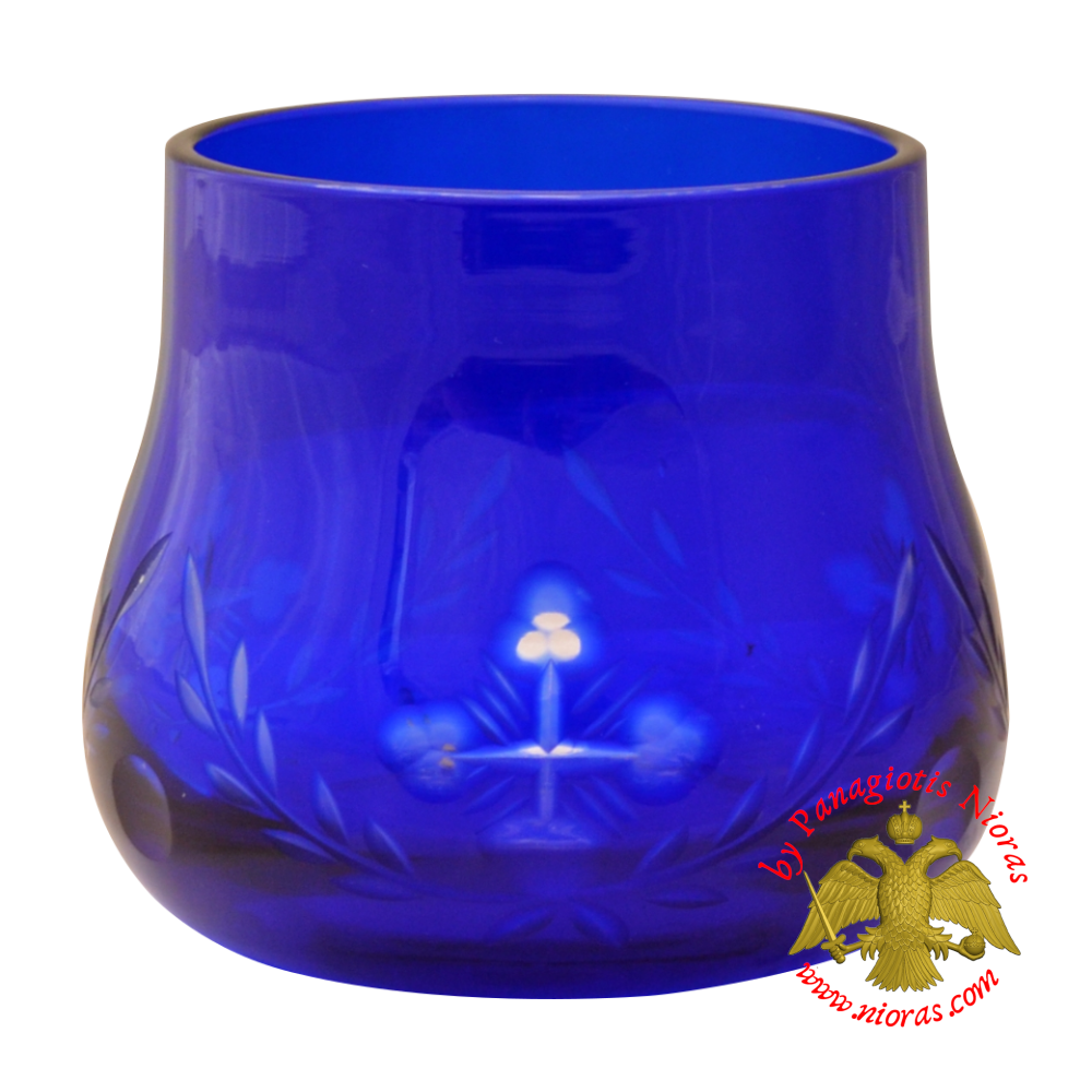 Romanian Orthodox Tea Light Glass Grapes Cut Design Blue
