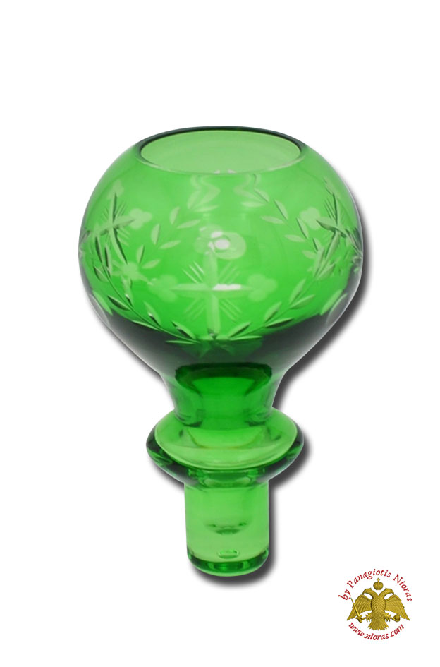 Louserna Orthodox Glass Votive Cup with Hand Carved Crosses and Standing Poll in Green Colour