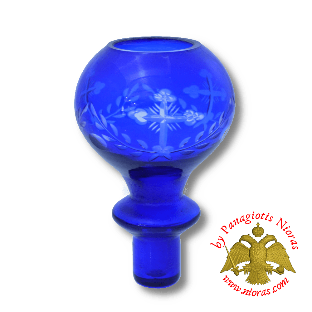 Louserna Orthodox Glass Votive Cup with Hand Carved Crosses and Standing Poll in Blue Colour