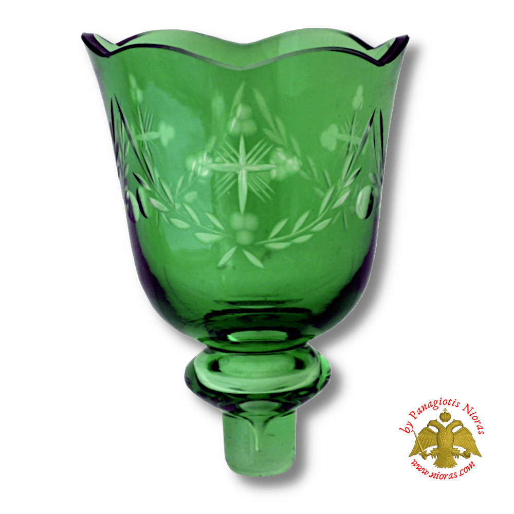 Louserna Orthodox Carved Cross Glass Votive Cup with Standing Poll in Green Clear Colour