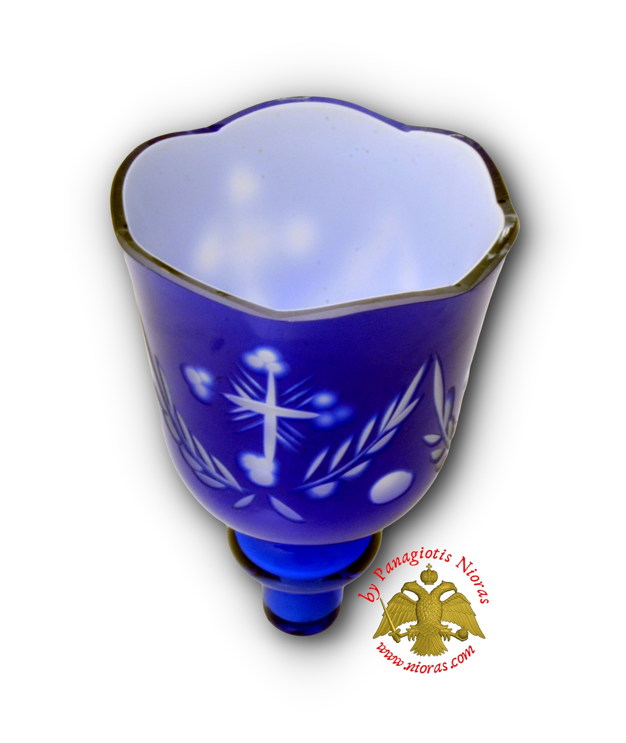 Louserna Orthodox Carved Cross Glass Votive Cup with Standing Poll in Blue White Colour